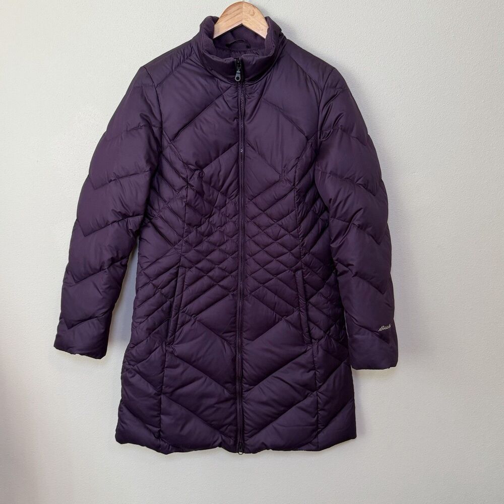 Eddie Bauer Womens M Purple Down Quilted Long Puffer Jacket Parka Full Zip